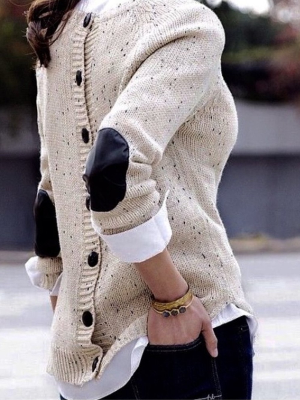Market & Spruce Cream Knit Sweater with Faux Leather Elbow Patches
